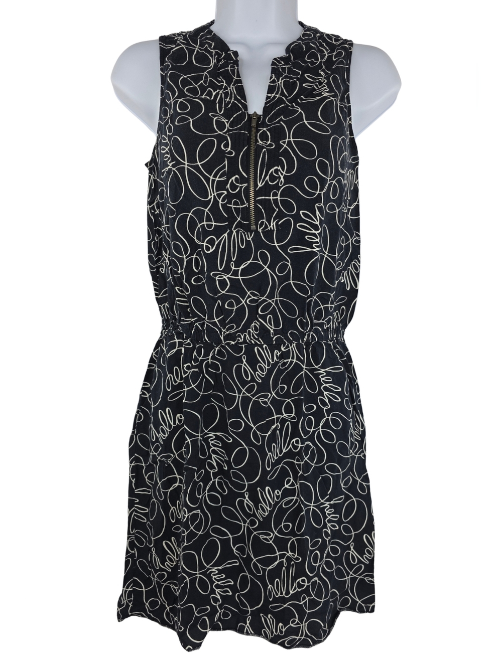 Banana Republic Size 4 Black Sleeveless Zip-Front Dress "HELLO" Print 3490-